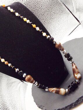 VINTAGE BANDED BROWN AGATE, HEMATITE, MULTICUT, COLOR & STONES 24" NECKLACE 41